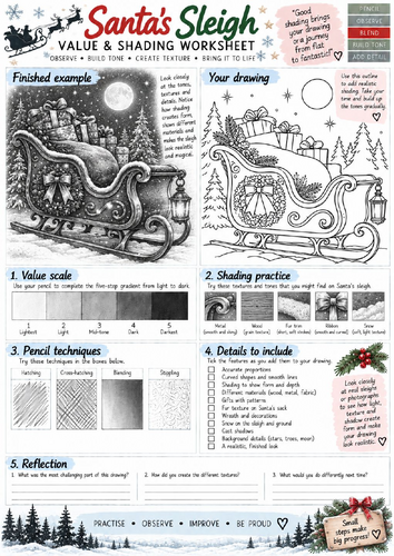 Santa’s Sleigh Value & Shading Worksheet | Christmas Pencil Drawing & Tonal Art | KS3 KS4