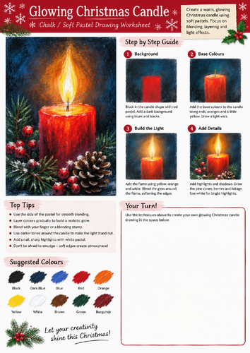 Christmas Candle Chalk & Soft Pastel Drawing Worksheet | Step-by-Step Christmas Art | KS3 KS4