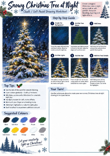 Snowy Christmas Tree Chalk & Soft Pastel Drawing Worksheet | Christmas Art KS3 KS4