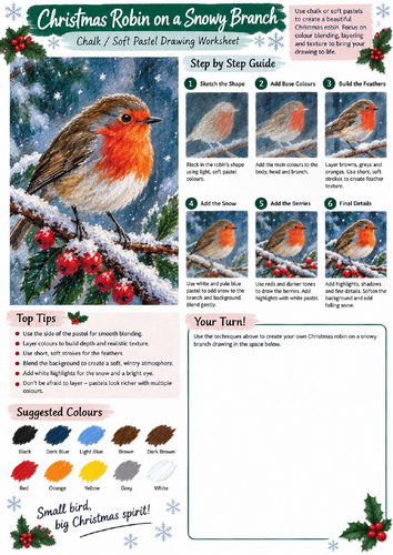Christmas Robin Chalk & Soft Pastel Drawing Worksheet | Winter Wildlife Art | KS3 KS4