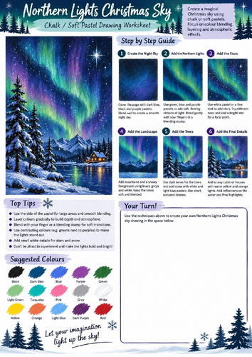 Northern Lights Chalk & Soft Pastel Drawing Worksheet | Winter Landscape Christmas Art KS3 KS4