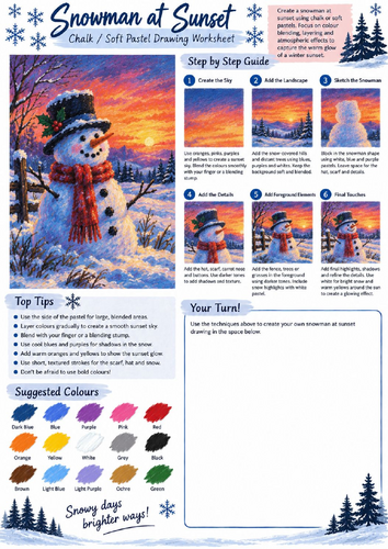 Snowman at Sunset Chalk & Soft Pastel Drawing Worksheet | Christmas Winter Art KS3 KS4