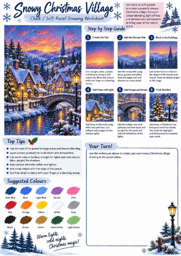 Snowy Christmas Village Chalk & Soft Pastel Drawing Worksheet | Winter Landscape Art KS3 KS4
