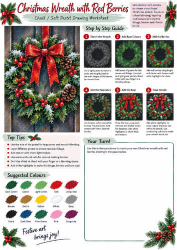 Christmas Wreath Chalk & Soft Pastel Drawing Worksheet | Festive Botanical Art KS3 KS4