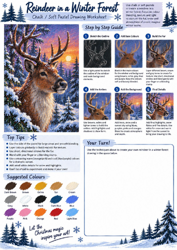 Christmas Reindeer Chalk & Soft Pastel Drawing Worksheet | Winter Wildlife Art KS3 KS4