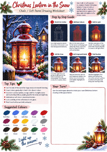 Christmas Lantern Chalk & Soft Pastel Drawing Worksheet | Light & Shadow Winter Art KS3 KS4