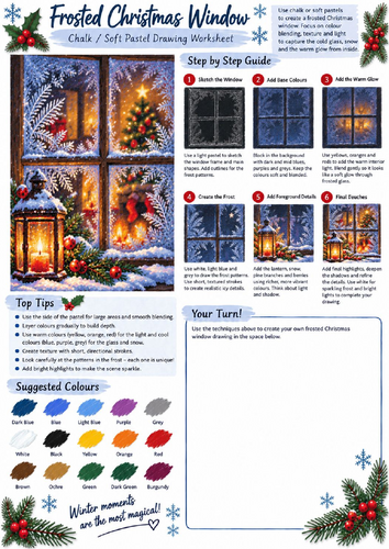 Frosted Christmas Window Chalk & Soft Pastel Drawing Worksheet | Winter Art KS3 KS4