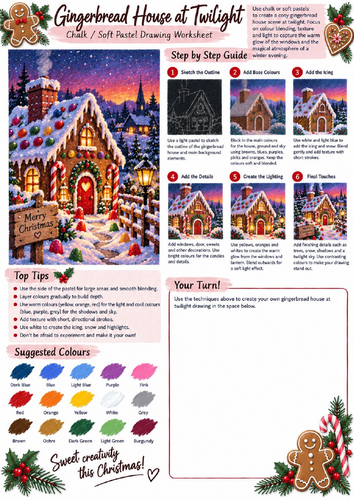 Gingerbread House Chalk & Soft Pastel Drawing Worksheet | Christmas Art Activity KS3 KS4