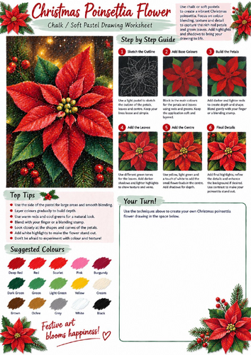 Christmas Poinsettia Chalk & Soft Pastel Drawing Worksheet | Botanical Art KS3 KS4