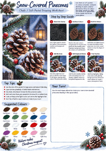 Snow-Covered Pinecones Chalk & Soft Pastel Drawing Worksheet | Winter Nature Art KS3 KS4
