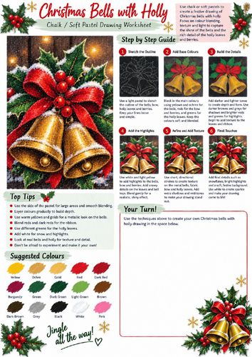 Christmas Bells with Holly Chalk & Soft Pastel Drawing Worksheet | Festive Art KS3 KS4