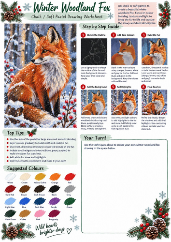 Winter Woodland Fox Chalk & Soft Pastel Drawing Worksheet | Wildlife Winter Art KS3 KS4