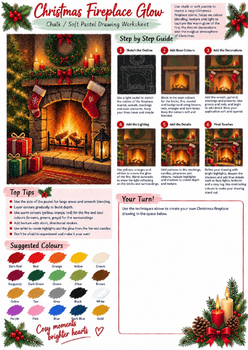 Christmas Fireplace Glow Chalk & Soft Pastel Drawing Worksheet | Festive Art KS3 KS4