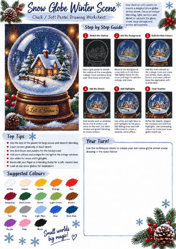 Christmas Snow Globe Chalk & Soft Pastel Drawing Worksheet | Winter Scene Art KS3 KS4