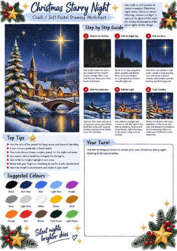 Christmas Starry Night Chalk & Soft Pastel Drawing Worksheet | Winter Landscape Art KS3 KS4