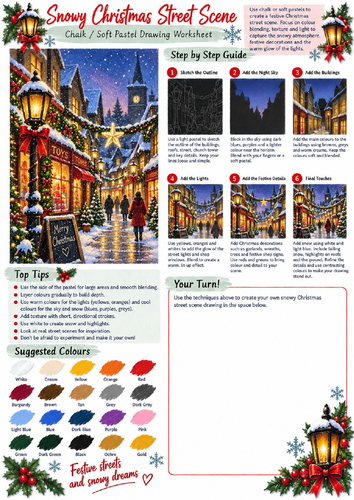 Snowy Christmas Street Scene Chalk & Soft Pastel Drawing Worksheet | Festive Art KS3 KS4
