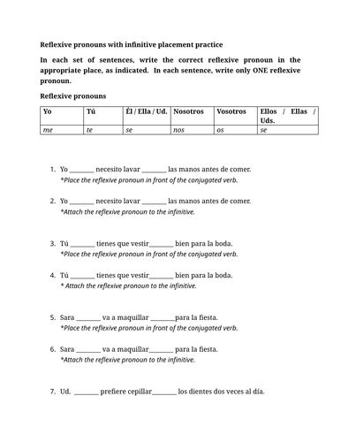 Reflexive pronouns with infinitive placement practice