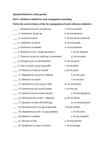 Spanish Reflexive verbs packet