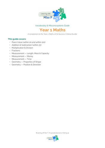 Year 1 Maths Vocabulary and Misconceptions Guide