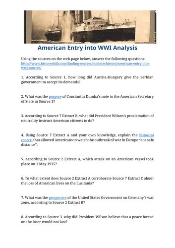 American Entry into WWI Source Analysis Worksheet