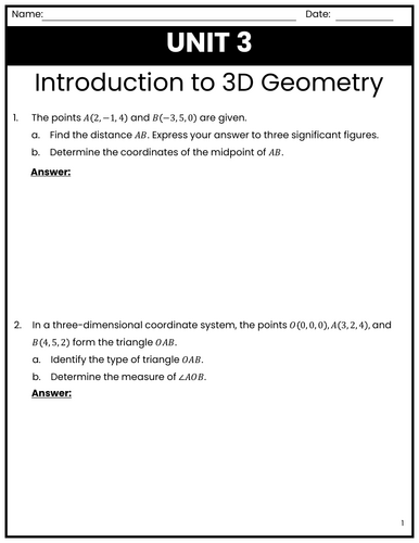 IB Maths AI SL 3.1 Worksheet - Introduction to 3D Geometry