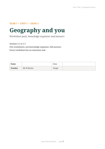 Year 7 Geography and You Worksheet Pack