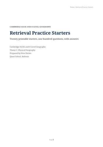 IGCSE Geography Physical Retrieval Starters