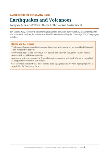 Earthquakes and Volcanoes Scheme of Work