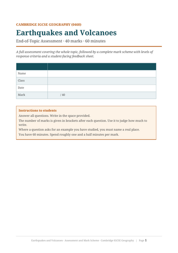 Earthquakes and Volcanoes Assessment and Mark Scheme