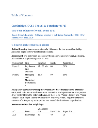 IGCSE Travel and Tourism Two Year Scheme of Work