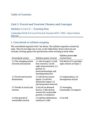 Travel and Tourism Unit 1 Teaching Plan