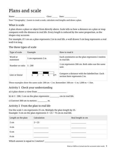 Year 7 Plans and Scale Worksheet