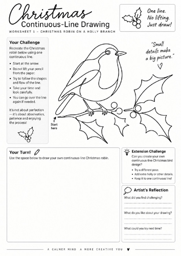 Christmas Robin Continuous Line Drawing Worksheet | Festive Art Activity | KS3 KS4