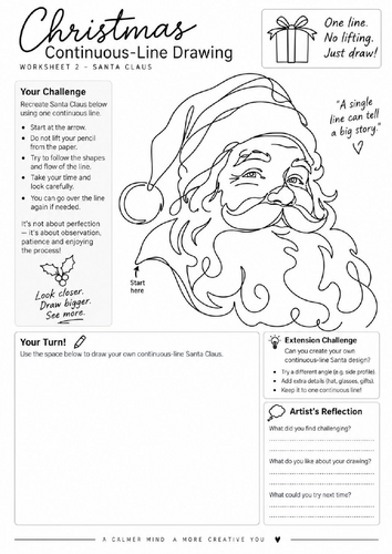 Santa Claus Continuous Line Drawing Worksheet | Christmas Art Activity | KS3 KS4