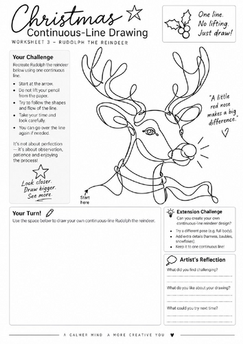 Rudolph Reindeer Continuous Line Drawing Worksheet | Christmas Art | KS3 KS4
