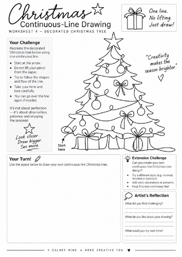 Christmas Tree Continuous Line Drawing Worksheet | Festive Art Activity | KS3 KS4