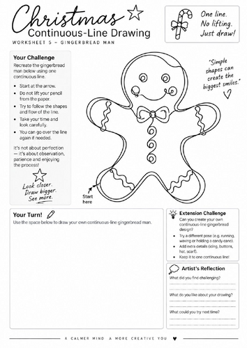 Gingerbread Man Continuous Line Drawing Worksheet | Christmas Art | KS3 KS4