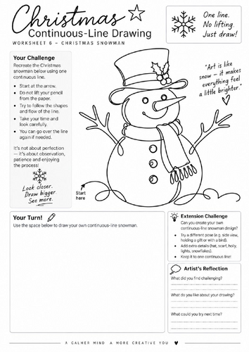 Christmas Snowman Continuous Line Drawing Worksheet | Festive Art | KS3 KS4