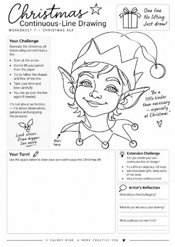 Christmas Elf Continuous Line Drawing Worksheet | Festive Art Activity | KS3 KS4
