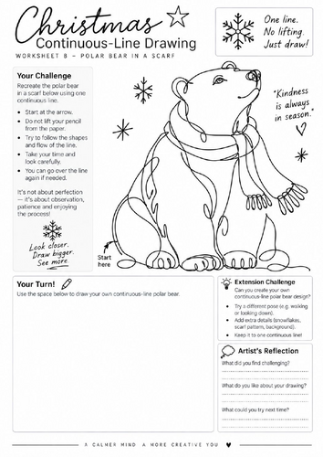 Polar Bear Continuous Line Drawing Worksheet | Winter Christmas Art | KS3 KS4