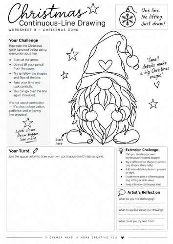 Christmas Gonk Continuous Line Drawing Worksheet | Festive Art Activity | KS3 KS4