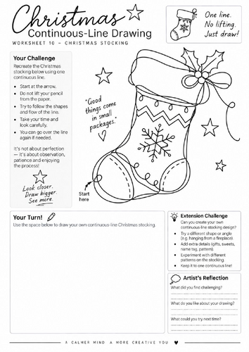 Christmas Stocking Continuous Line Drawing Worksheet | Festive Art | KS3 KS4