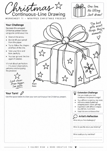 Christmas Present Continuous Line Drawing Worksheet | Festive Art | KS3 KS4
