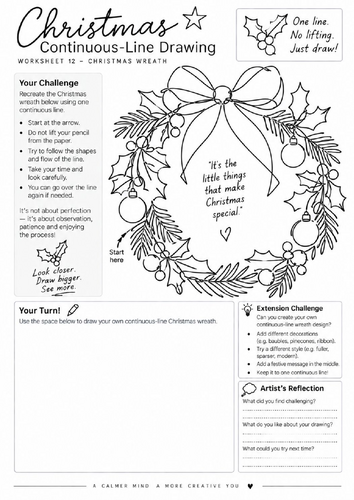 Christmas Wreath Continuous Line Drawing Worksheet | Festive Art | KS3 KS4