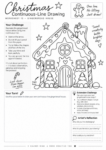 Gingerbread House Continuous Line Drawing Worksheet | Christmas Art | KS3 KS4
