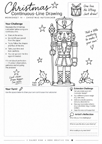 Christmas Nutcracker Continuous Line Drawing Worksheet | Festive Art | KS3 KS4