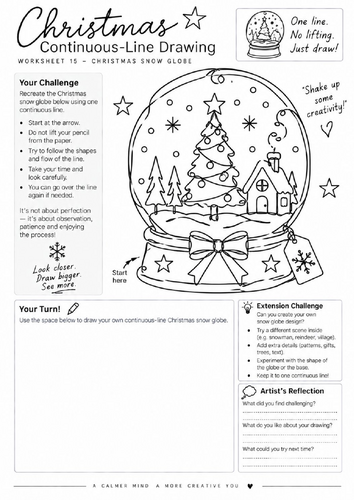 Christmas Snow Globe Continuous Line Drawing Worksheet | Festive Art | KS3 KS4