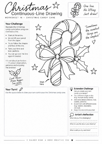 Christmas Candy Cane Continuous Line Drawing Worksheet | Festive Art | KS3 KS4