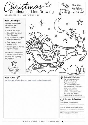 Santa's Sleigh Continuous Line Drawing Worksheet | Christmas Art | KS3 KS4