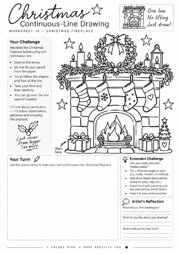 Christmas Fireplace Continuous Line Drawing Worksheet | Festive Art | KS3 KS4